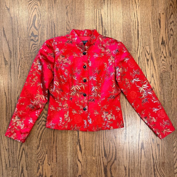 MSK Tops - MSK Silk Blend Asian Inspired Floral Bamboo Jacquard Mandarin‎ Jacket 8 Red